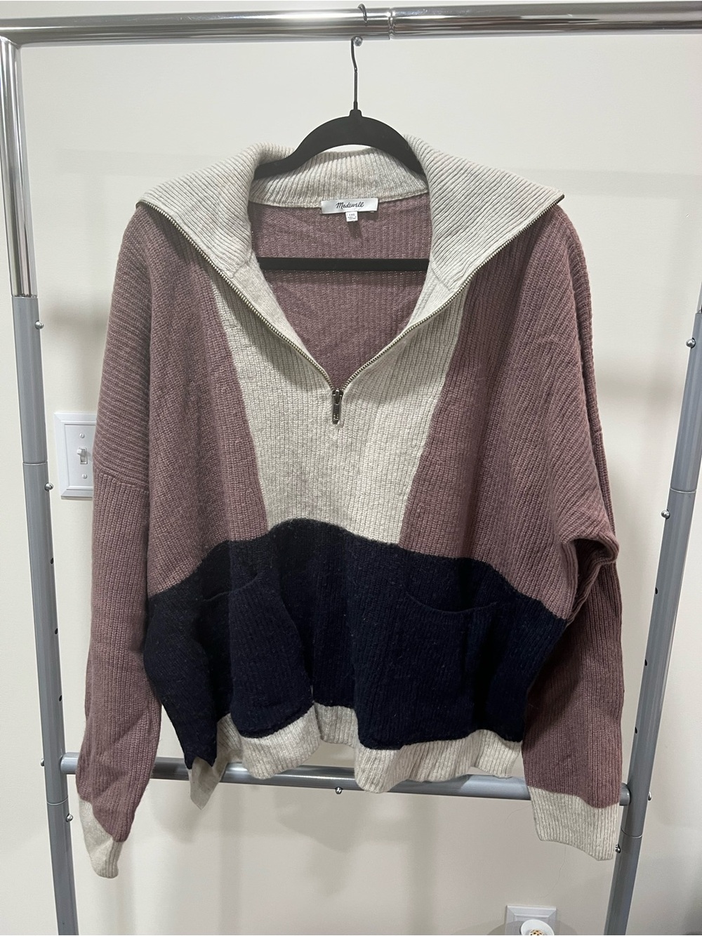 Madewell Colorblock Half-Zip Sweater in Mauve, Cream & Navy